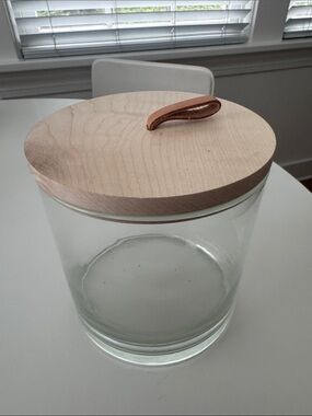 Jenni Kayne Home Glass Storage Jar with Light Wood Lid and Tan Leather Loop